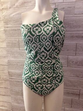White House Black Market Green and White One-Shoulder One-Piece Swimsuit